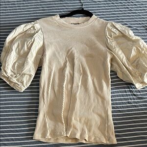 Who What Wear Cream Puff-Sleeve Ribbed Top